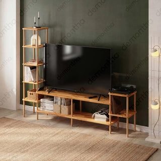 Hudson Wooden TV Stand with Asymmetrical Bookshelves Demontha