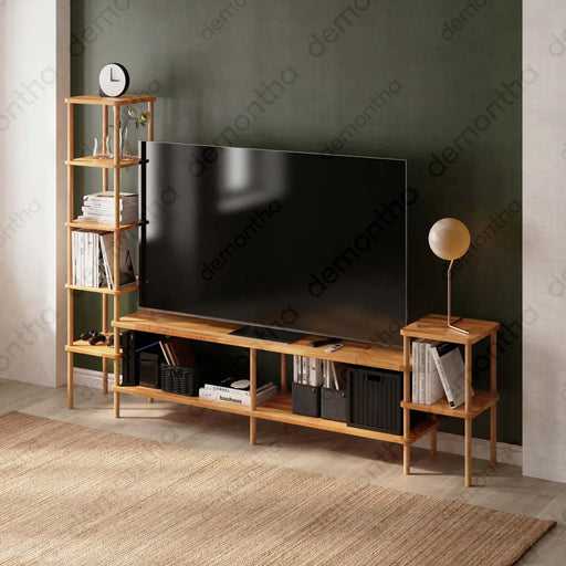 Hudson Wooden TV Stand with Asymmetrical Bookshelves Demontha