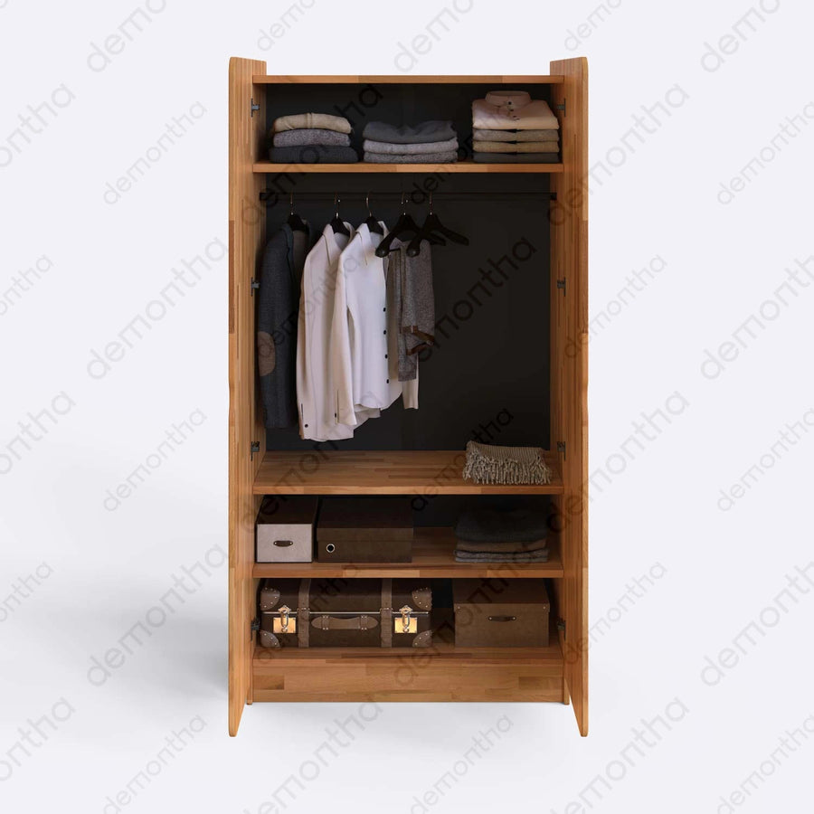 Orion Solid Wood Wardrobe – Hanging Closet with Shelves | Minimalist Storage Armoire Demontha