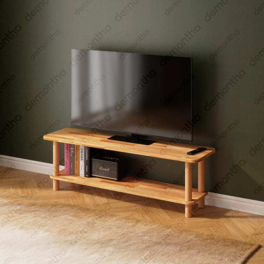 Venice Solid Wood Minimalist TV Stand – 2-Tier Media Console Demontha