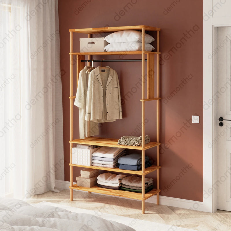 Pacific Open Clothing Rack with Shelves - Solid Wood Minimalist Storage Rack