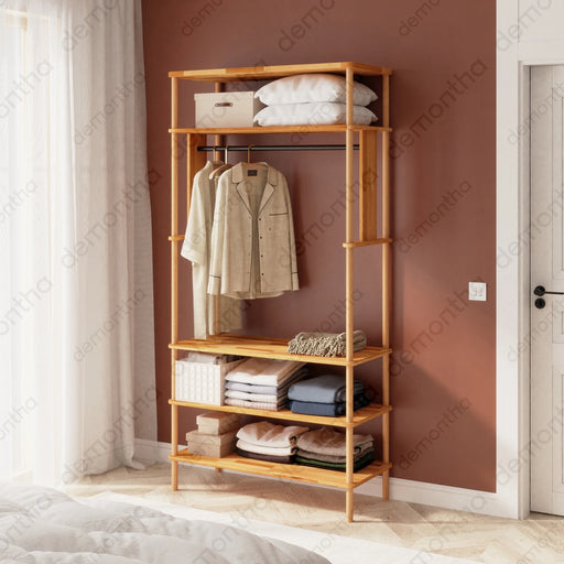 Pacific Open Clothing Rack with Shelves - Solid Wood Minimalist Storage Rack Demontha
