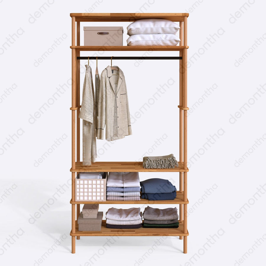 Pacific Open Clothing Rack with Shelves - Solid Wood Minimalist Storage Rack Demontha