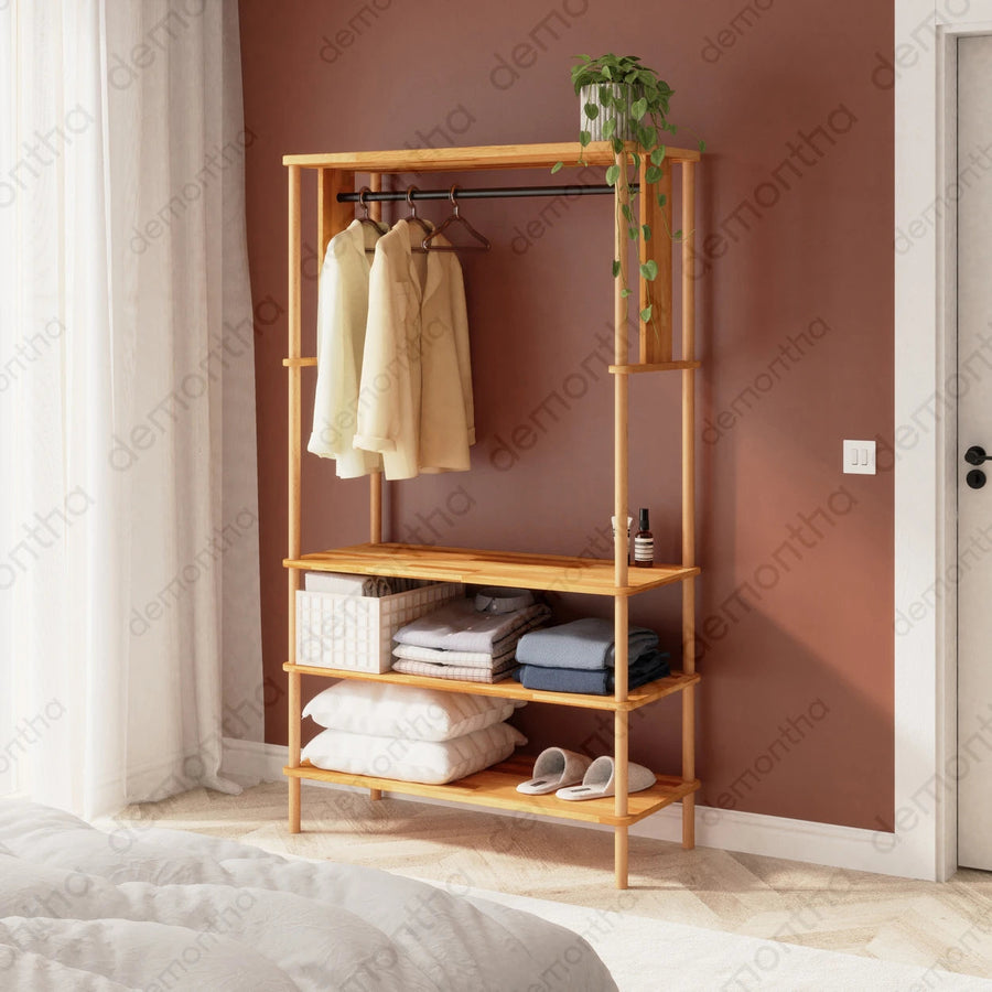 Pacific Open Clothing Rack with Shelves - Solid Wood Minimalist Storage Rack Demontha