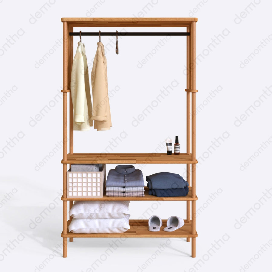 Pacific Open Clothing Rack with Shelves - Solid Wood Minimalist Storage Rack Demontha