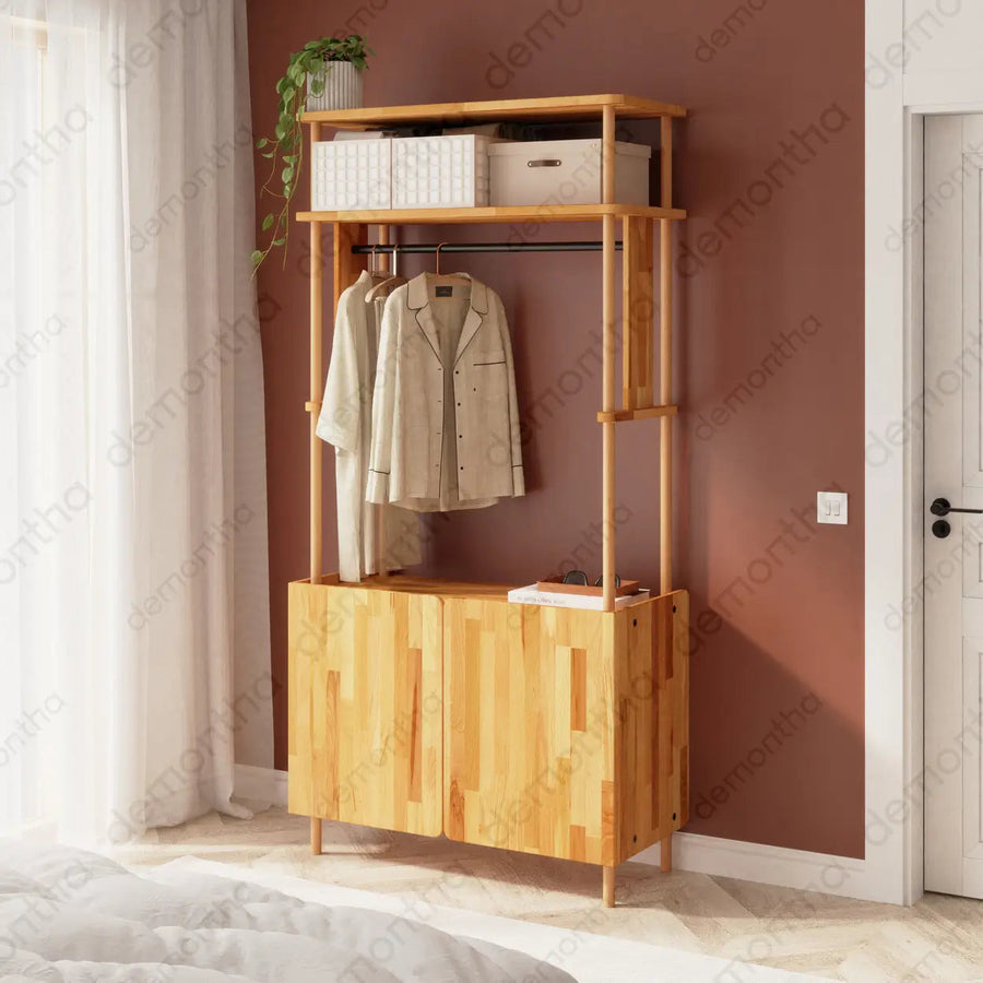 Marceille Solid Wood Clothing Rack with Cabinet – Open Storage Unit Demontha