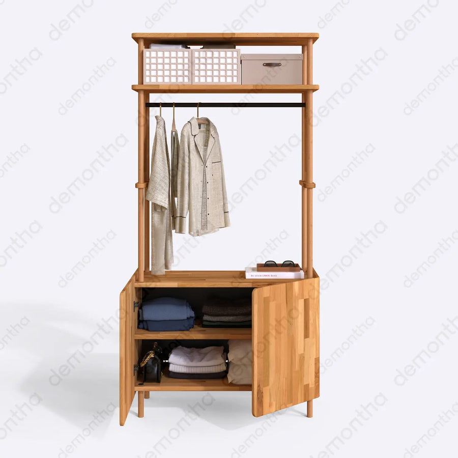 Marceille Solid Wood Clothing Rack with Cabinet – Open Storage Unit Demontha