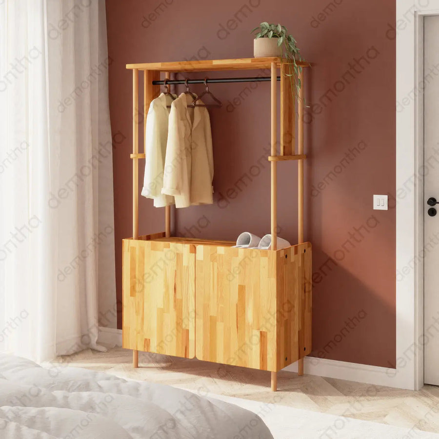 Marceille Solid Wood Clothing Rack with Cabinet – Open Storage Unit Demontha