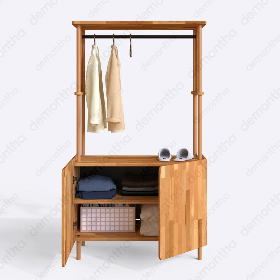 Marceille Solid Wood Clothing Rack with Cabinet – Open Storage Unit Demontha