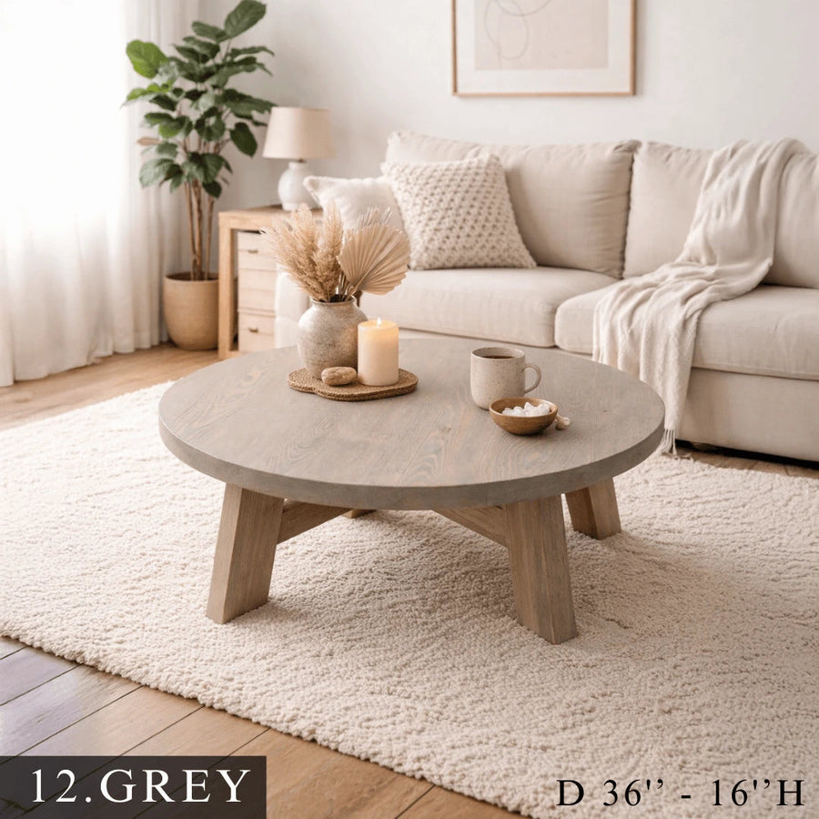 Amber Round Farmhouse Coffee Table - Solid Pine Wood Mozilya