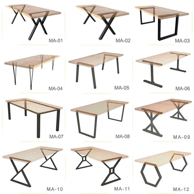 Wood dining table with 12 leg style options including Tapered, Hairpin, Parsons, X-leg, Flared, Square, Cross, Straight, Mid-Century, Industrial, Farmhouse, Modern, and V-Leg designs, allowing you to customize the look to suit your space and style