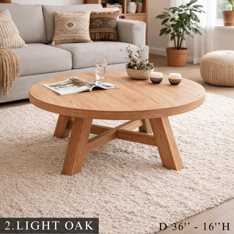 Amber Round Farmhouse Coffee Table - Solid Pine Wood Mozilya