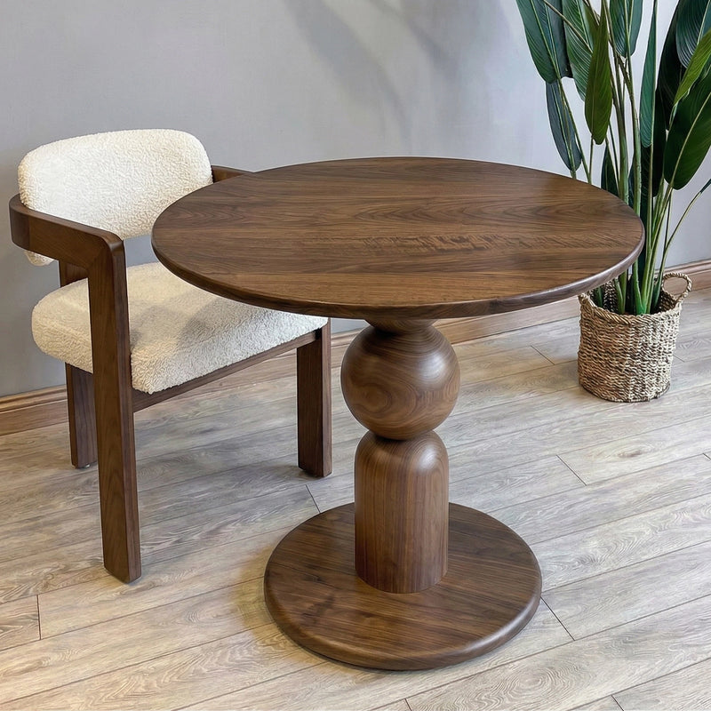 Dorel Round Walnut Dining Table with Sculptural Base – Modern Pedestal Design