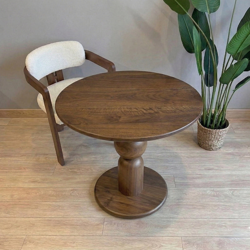Dorel Round Walnut Dining Table with Sculptural Base – Modern Pedestal Design