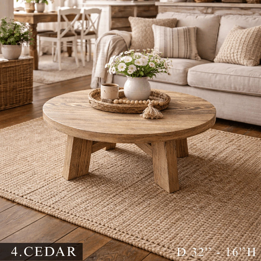 Amber Round Farmhouse Coffee Table - Solid Pine Wood Mozilya