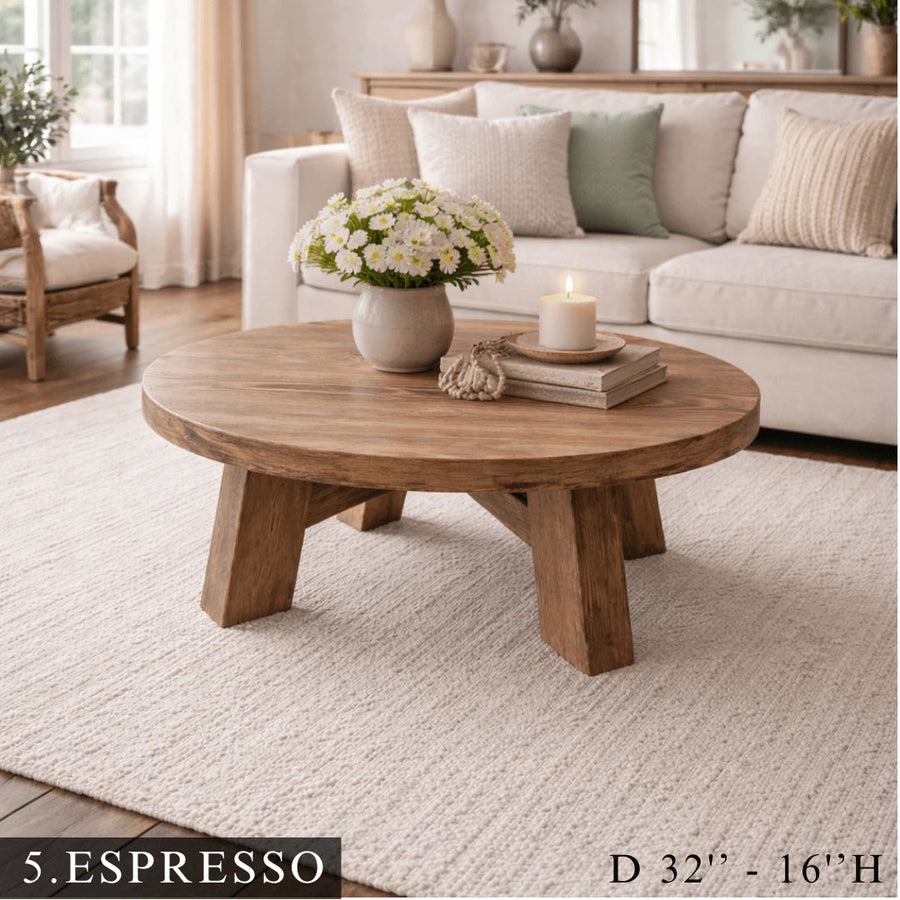 Amber Round Farmhouse Coffee Table - Solid Pine Wood Mozilya