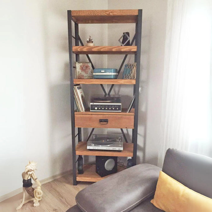 Solid Pine Wood Bookcase with Drawer