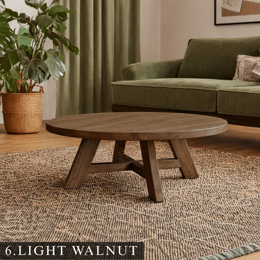 Amber Round Farmhouse Coffee Table - Solid Pine Wood Mozilya