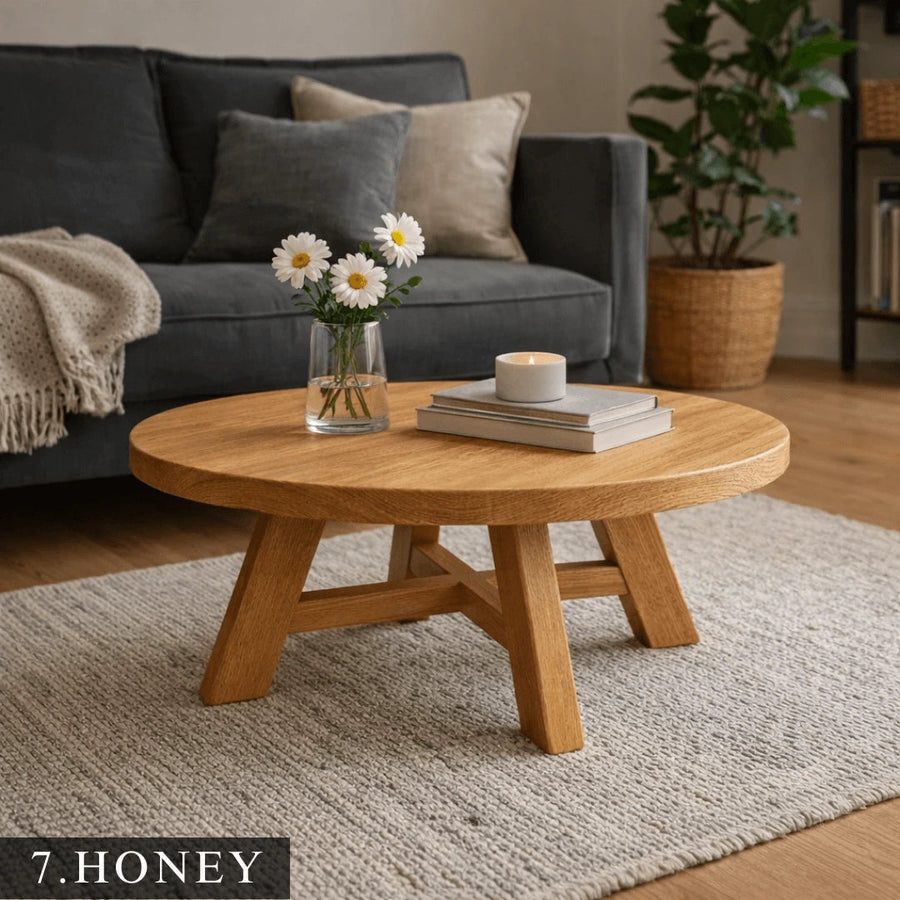 Amber Round Farmhouse Coffee Table - Solid Pine Wood Mozilya