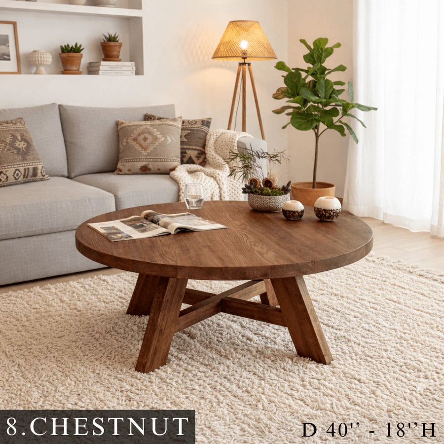 Amber Round Farmhouse Coffee Table - Solid Pine Wood Mozilya