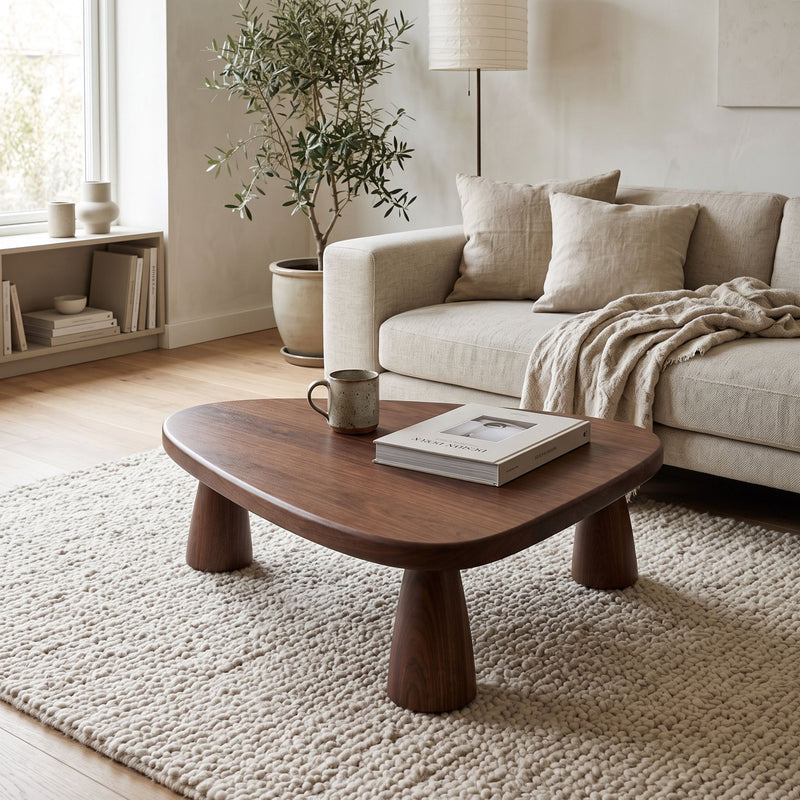 A low, organic-shaped Yuma Organic Triangle Beech Wood Coffee Table with chunky legs sits in a bright, modern living room on a textured cream rug. The table is styled with a book and a mug, with a beige sofa, a potted olive tree, and a bookshelf in the background.