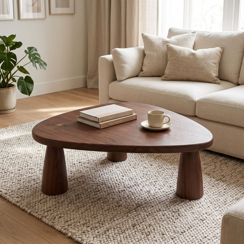 Yuma Organic Triangle Beech Wood Coffee Table with a rounded triangular shape and chunky legs, styled in a bright living room with a beige sofa, textured rug, and a potted plant.