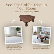 Promotional graphic for Yuma Organic Triangle Beech Wood Coffee Table showing a central product render of a dark brown triangular coffee table on a beige background, with text reading 'See This Coffee Table in Your Room and it's completely FREE!' and two sample room photos below illustrating a mockup service.