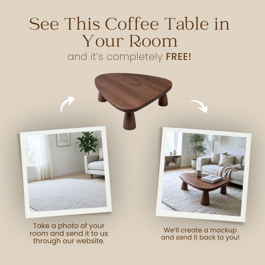 Promotional graphic for Yuma Organic Triangle Beech Wood Coffee Table showing a central product render of a dark brown triangular coffee table on a beige background, with text reading 'See This Coffee Table in Your Room and it's completely FREE!' and two sample room photos below illustrating a mockup service.