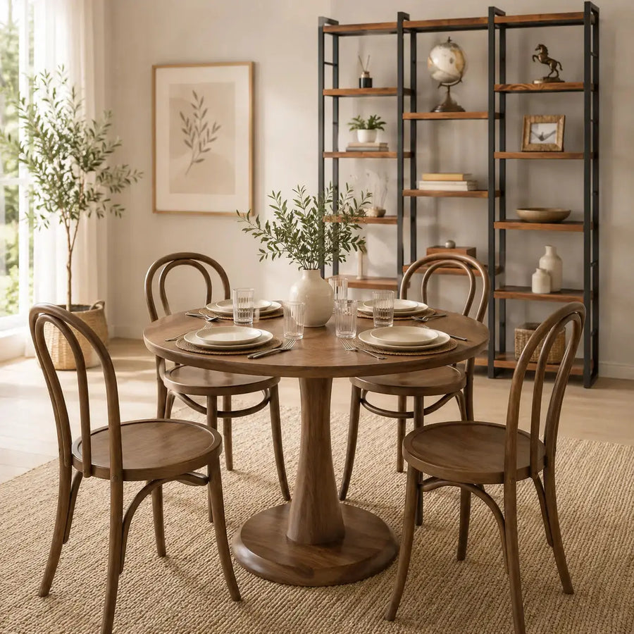 Alya Solid Walnut Sculptural Pedestal Dining Table – Round Modern Design Mozilya