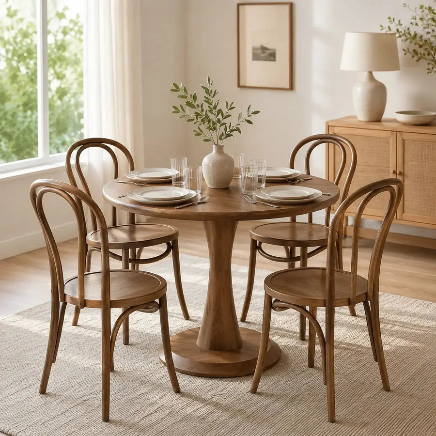 Alya Solid Walnut Sculptural Pedestal Dining Table – Round Modern Design Mozilya