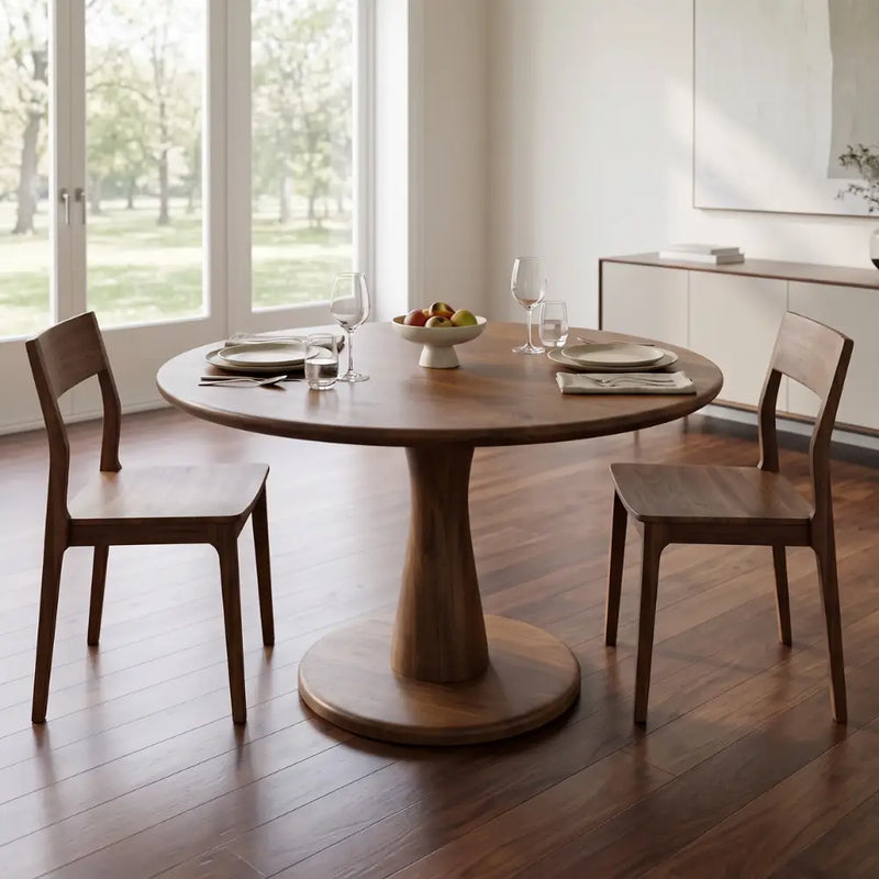 Alya Solid Walnut Sculptural Pedestal Dining Table – Round Modern Design