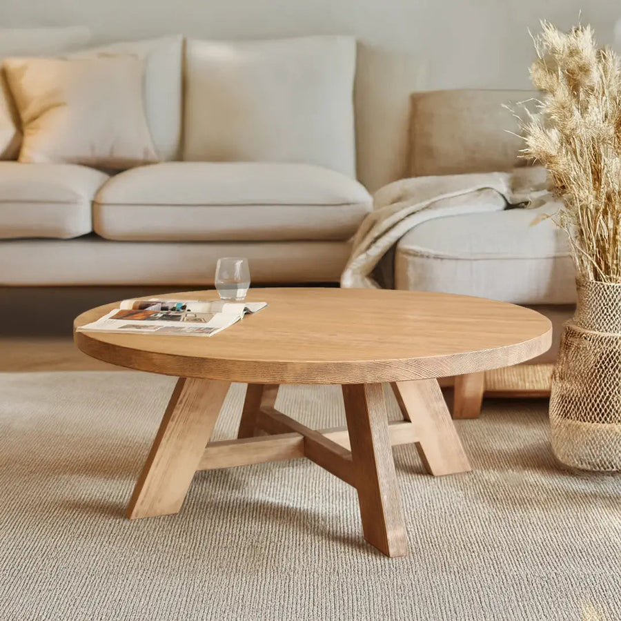 Amber Round Farmhouse Coffee Table - Solid Pine Wood Mozilya