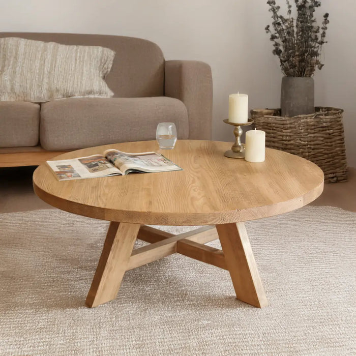 Amber Round Farmhouse Coffee Table - Solid Pine Wood