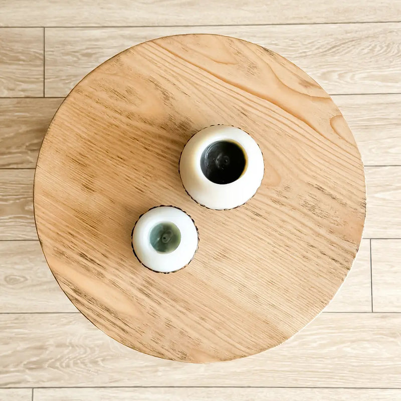 top view of the natural solid pine wood grains of the side coffee table