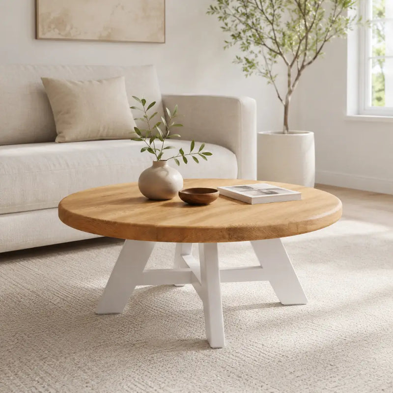 Amber Oak Solid Wood Round Coffee Table – Farmhouse Country Design