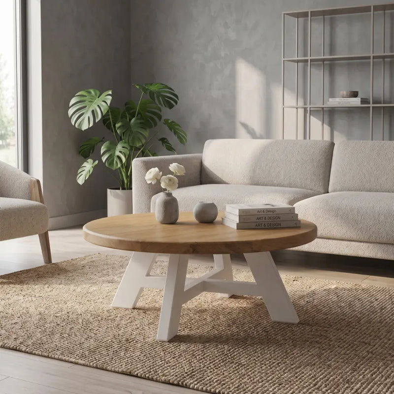 Amber Oak Solid Wood Round Coffee Table – Farmhouse Country Design