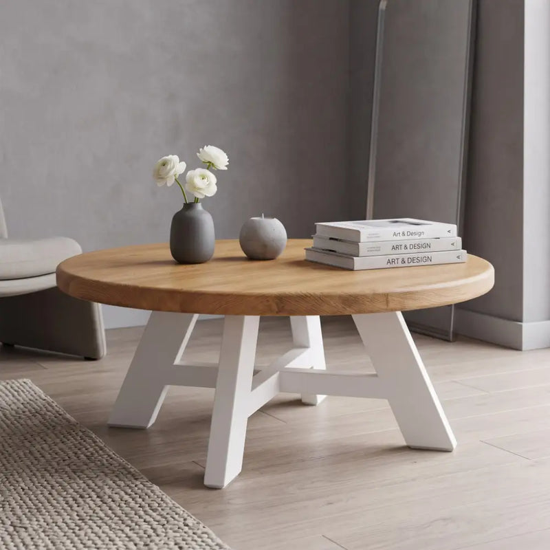Amber Oak Solid Wood Round Coffee Table – Farmhouse Country Design