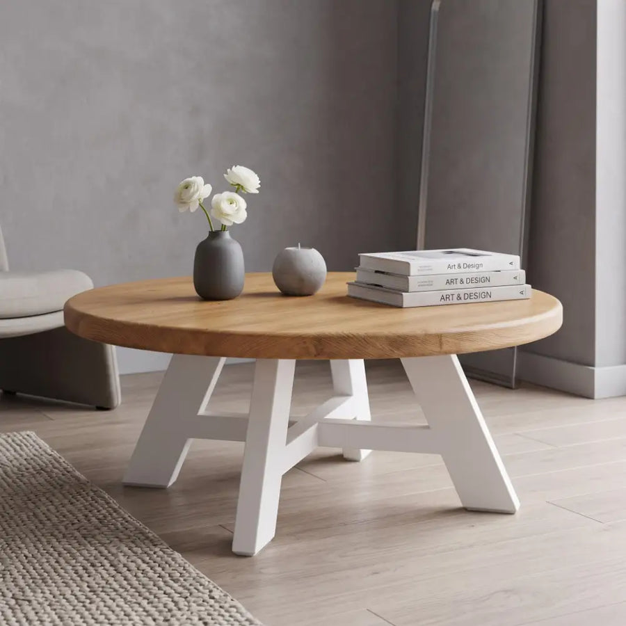 Amber Oak Solid Wood Round Coffee Table – Farmhouse Country Design