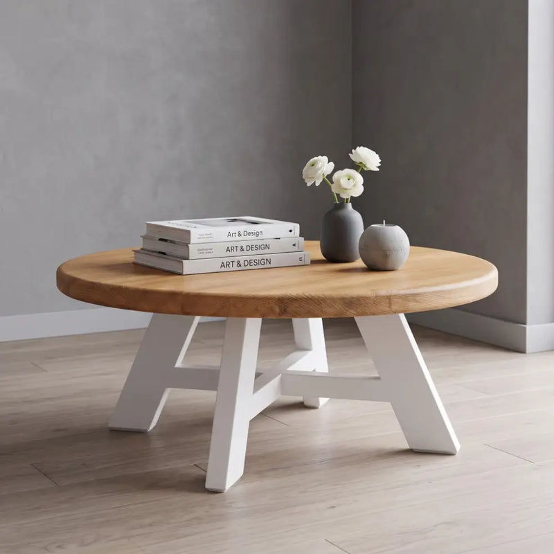 Amber Oak Solid Wood Round Coffee Table – Farmhouse Country Design