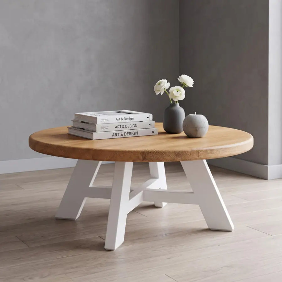 Amber Oak Solid Wood Round Coffee Table – Farmhouse Country Design