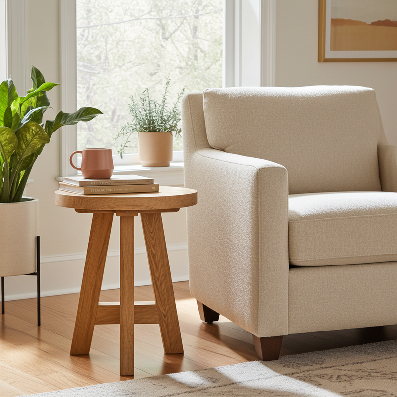 Amber Round Farmhouse Side Table
 with three legs sits next to a cream upholstered armchair in a bright living room. A pink mug and books rest on the table, with potted plants and a window in the background.
