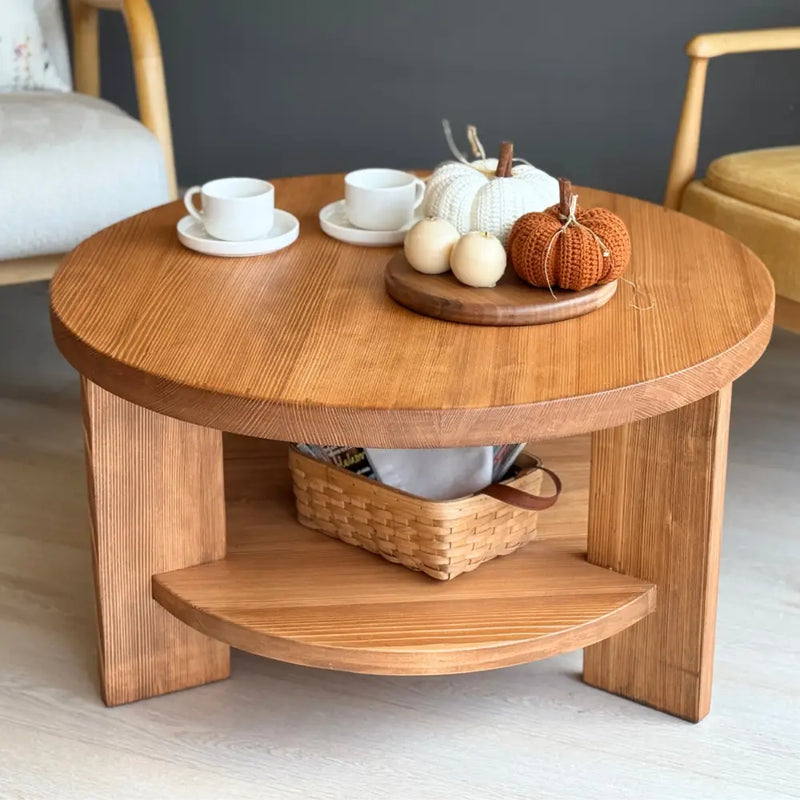 Aola Solid Pine Wood Coffee Table with Storage – Farmhouse Rustic Round Design
