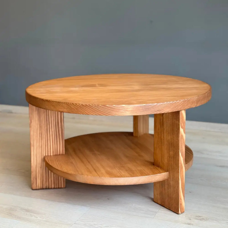 Aola Solid Pine Wood Coffee Table with Storage – Farmhouse Rustic Round Design