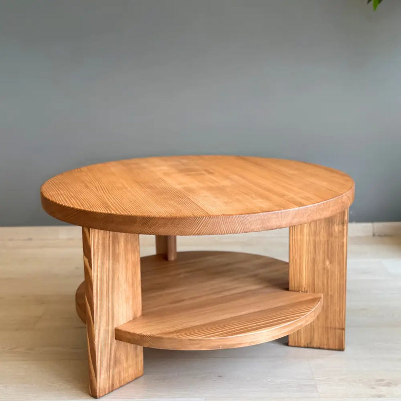 Aola Solid Pine Wood Coffee Table with Storage – Farmhouse Rustic Round Design