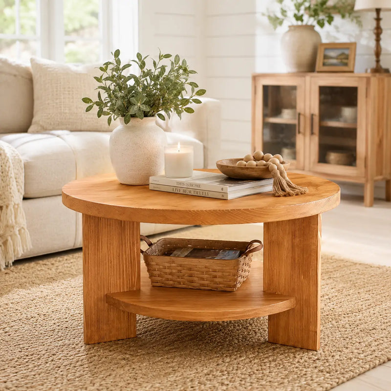 Aola Solid Pine Wood Coffee Table with Storage – Farmhouse Rustic Round Design