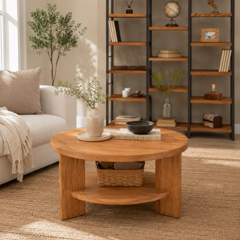 Aola Solid Pine Wood Coffee Table with Storage – Farmhouse Rustic Round Design