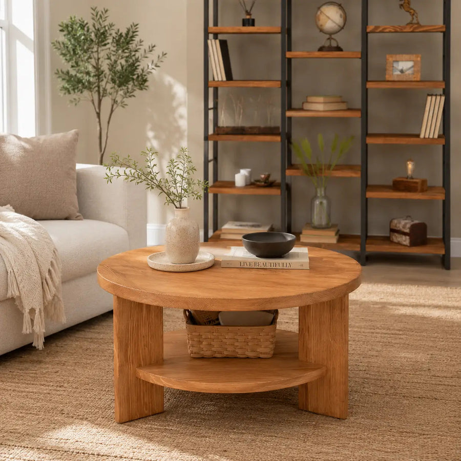 Aola Solid Pine Wood Coffee Table with Storage – Farmhouse Rustic Round Design Mozilya
