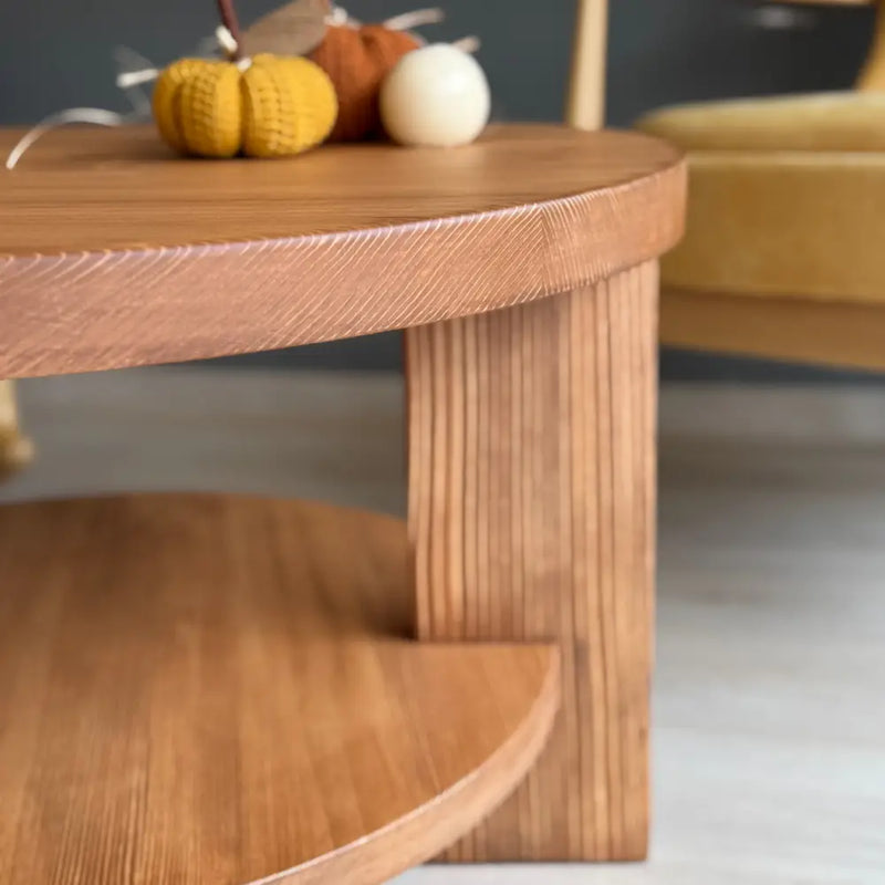 Aola Solid Pine Wood Coffee Table with Storage – Farmhouse Rustic Round Design