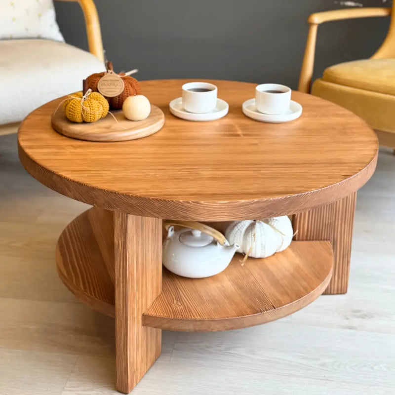 Aola Solid Pine Wood Coffee Table with Storage – Farmhouse Rustic Round Design