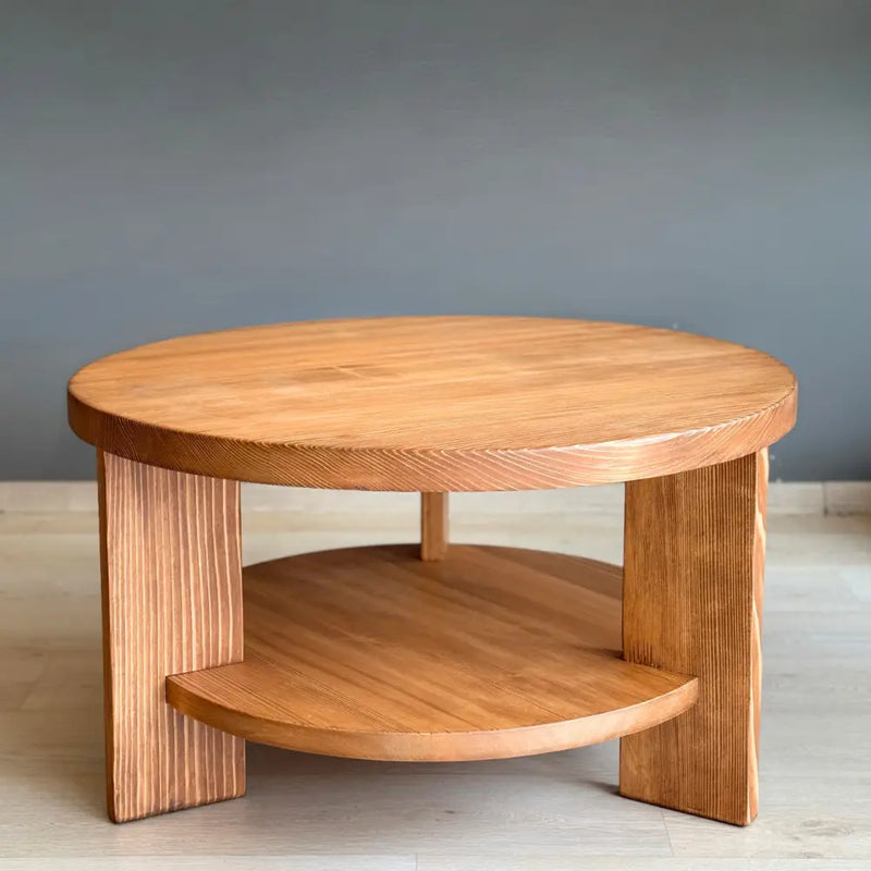 Aola Solid Pine Wood Coffee Table with Storage – Farmhouse Rustic Round Design